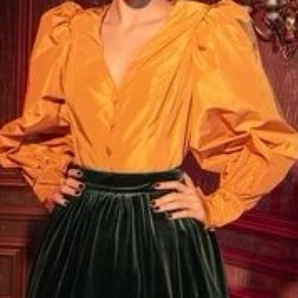 Women's Puff-Sleeve V-Neck Blouse in Mustard